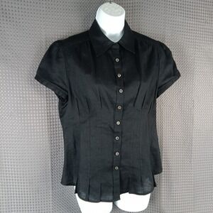 Tracy M 100% Linen Button Front Black Short Sleeve Blouse Top Women's M